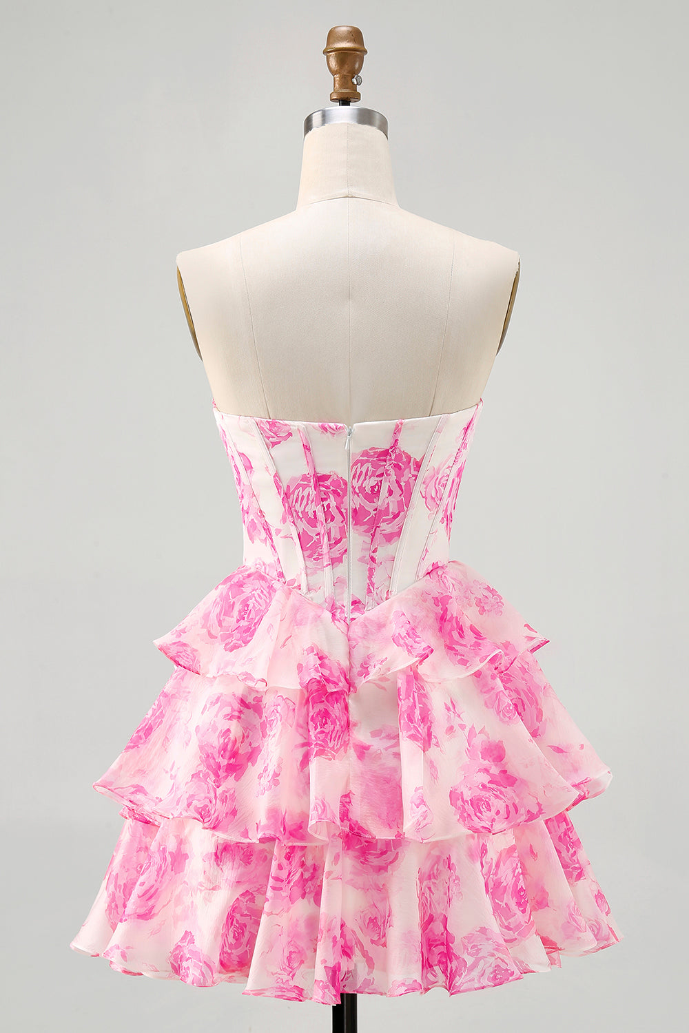 Floral Fuchsia Corset Strapless A-Line Homecoming Dress With Ruffles