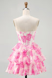 Floral Fuchsia Corset Strapless A-Line Homecoming Dress With Ruffles