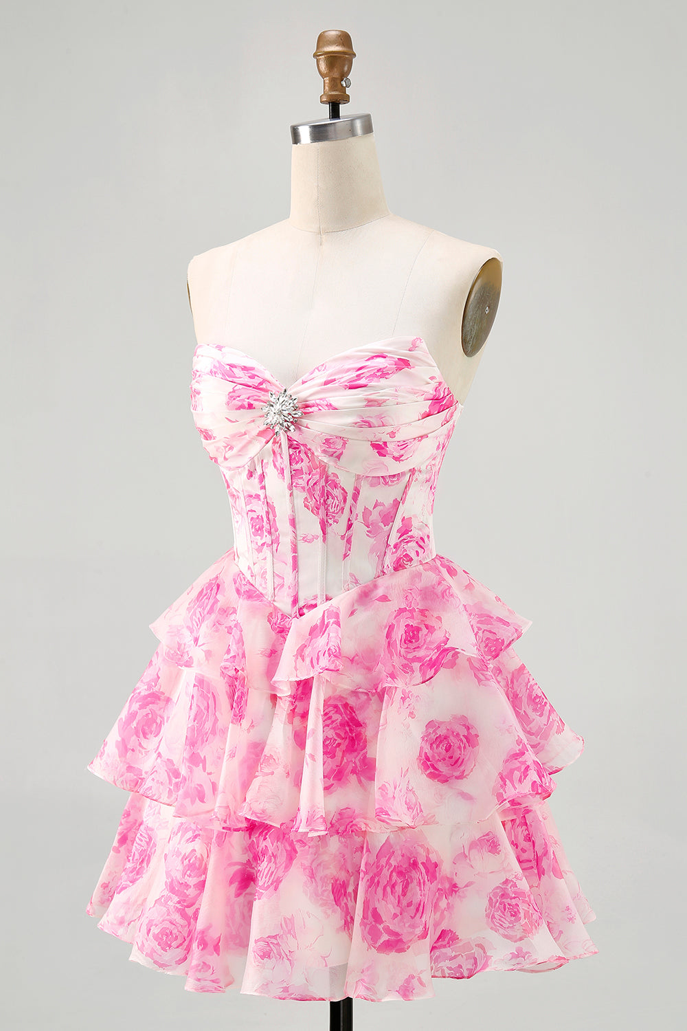 Fuchsia A-Line Strapless Corset Tiered Floral Short Homecoming Dress