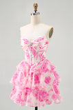 Fuchsia A-Line Strapless Corset Tiered Floral Short Homecoming Dress