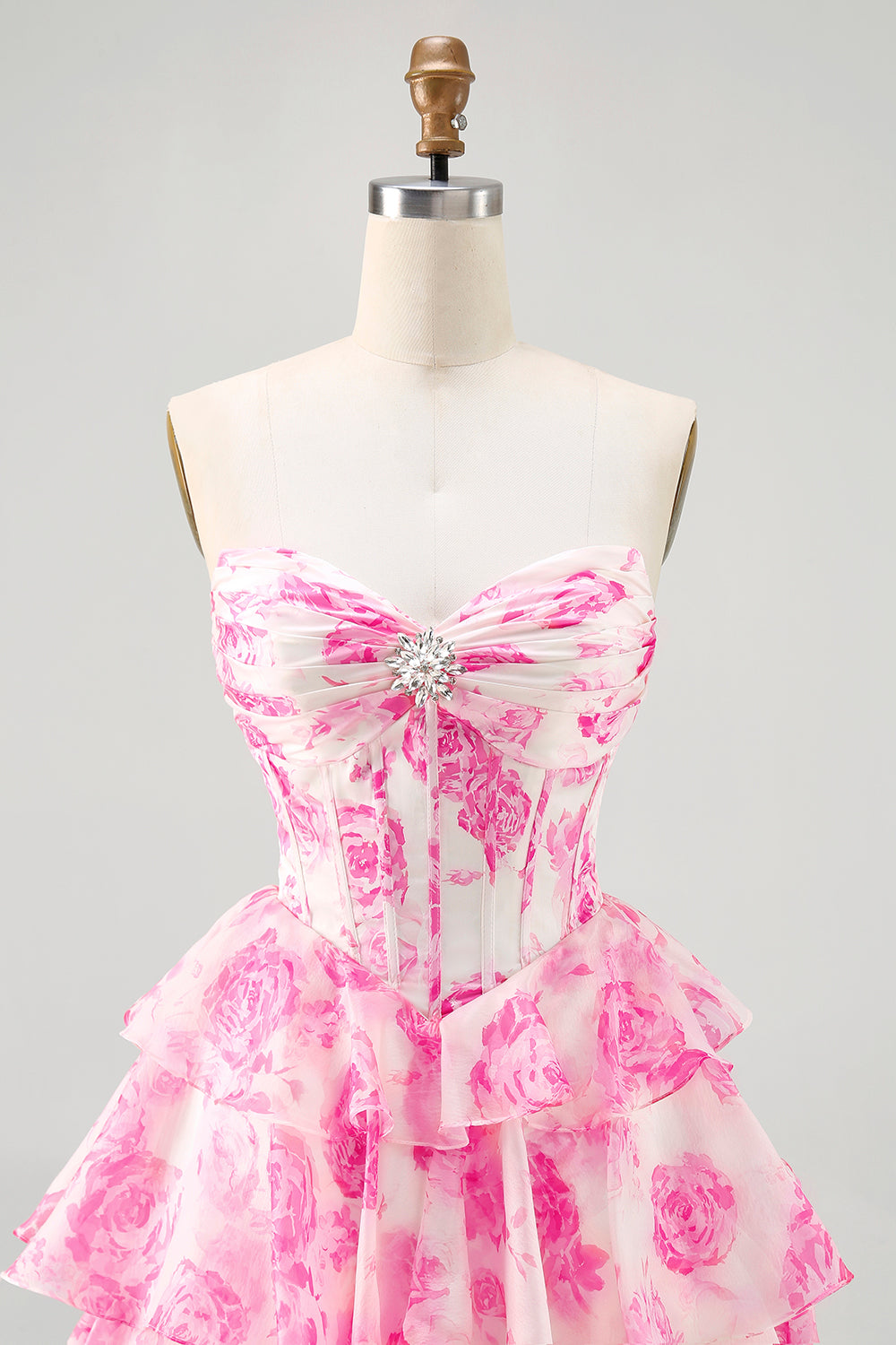 Fuchsia A-Line Strapless Corset Tiered Floral Short Homecoming Dress