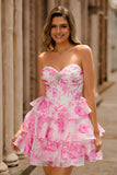 Floral Fuchsia Corset Strapless A-Line Homecoming Dress With Ruffles