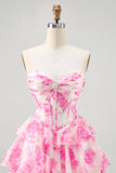 Fuchsia A-Line Strapless Corset Tiered Floral Short Homecoming Dress