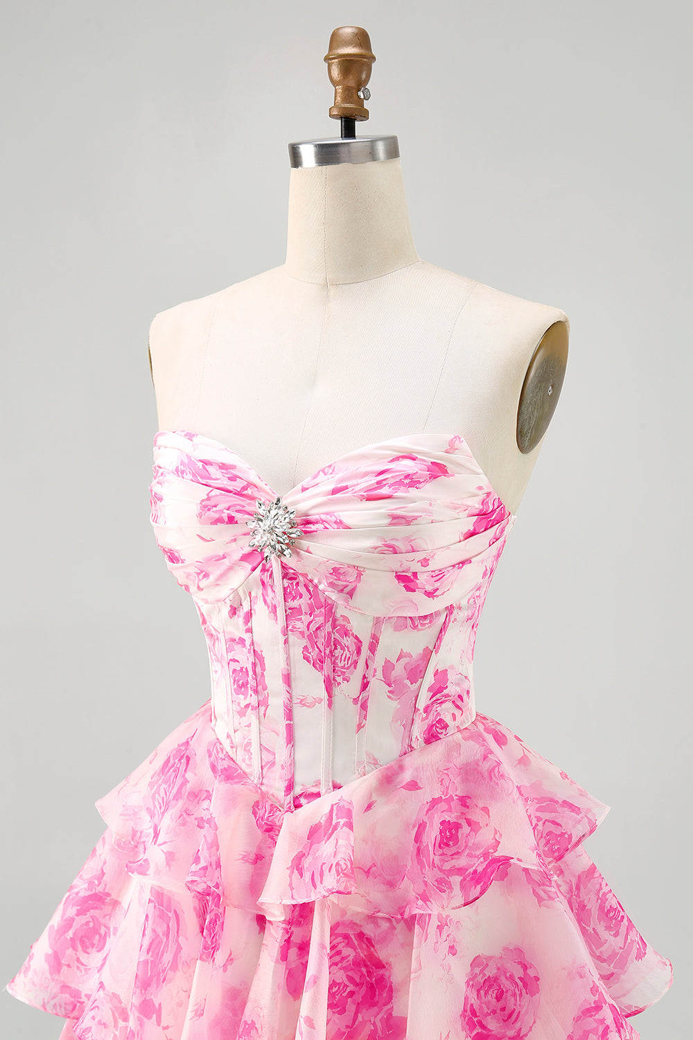 Fuchsia A-Line Strapless Corset Tiered Floral Short Homecoming Dress