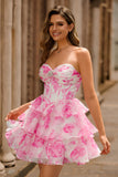 Floral Fuchsia Corset Strapless A-Line Homecoming Dress With Ruffles