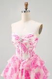 Fuchsia A-Line Strapless Corset Tiered Floral Short Homecoming Dress
