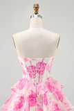 Fuchsia A-Line Strapless Corset Tiered Floral Short Homecoming Dress