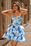 Floral Fuchsia Corset Strapless A-Line Homecoming Dress With Ruffles