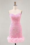 Pink Sequin Bodycon Homecoming Dress With Detachable Sleeves