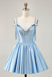 Satin Blue Corset A Line Homecoming Dress with Beading
