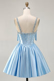 Satin Blue Corset A Line Homecoming Dress with Beading