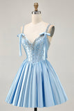 Satin Blue Corset A Line Homecoming Dress with Beading