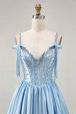 Satin Blue Corset A Line Homecoming Dress with Beading
