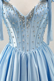 Satin Blue Corset A Line Homecoming Dress with Beading