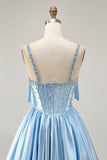 Satin Blue Corset A Line Homecoming Dress with Beading