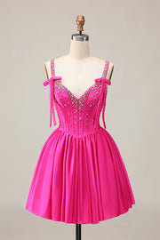 Fuchsia Satin Corset A Line Homecoming Dress with Rhinestones