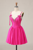 Fuchsia Satin Corset A Line Homecoming Dress with Rhinestones