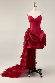 Burgundy Ruffled 3D Flower Strapless Homecoming Dress with Train