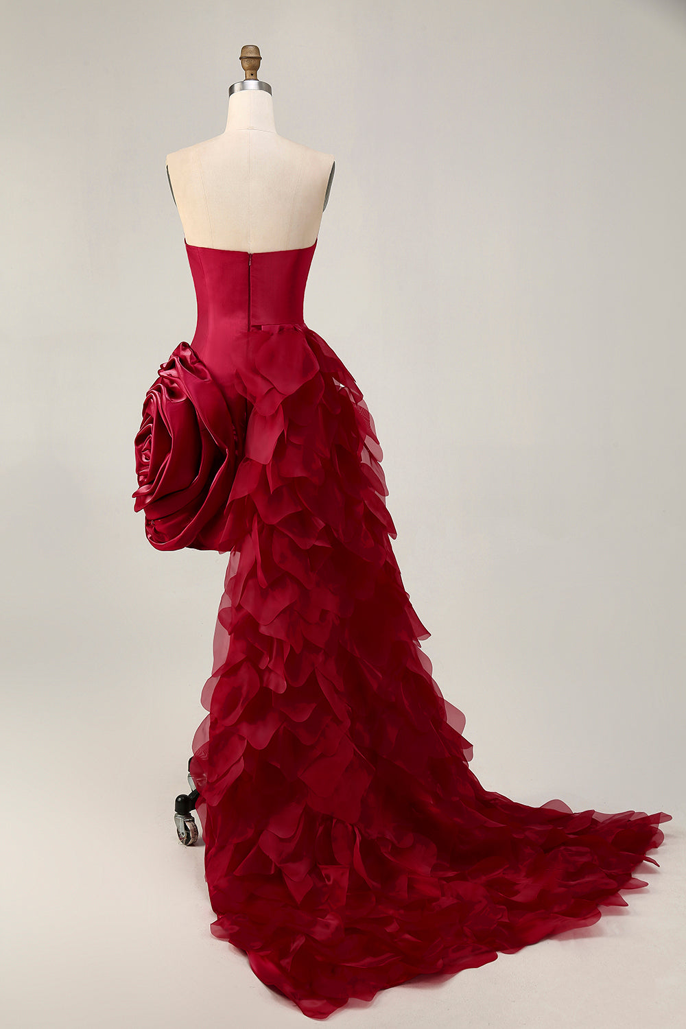 Burgundy Ruffled 3D Flower Strapless Homecoming Dress with Train
