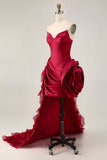 Burgundy Ruffled 3D Flower Strapless Homecoming Dress with Train