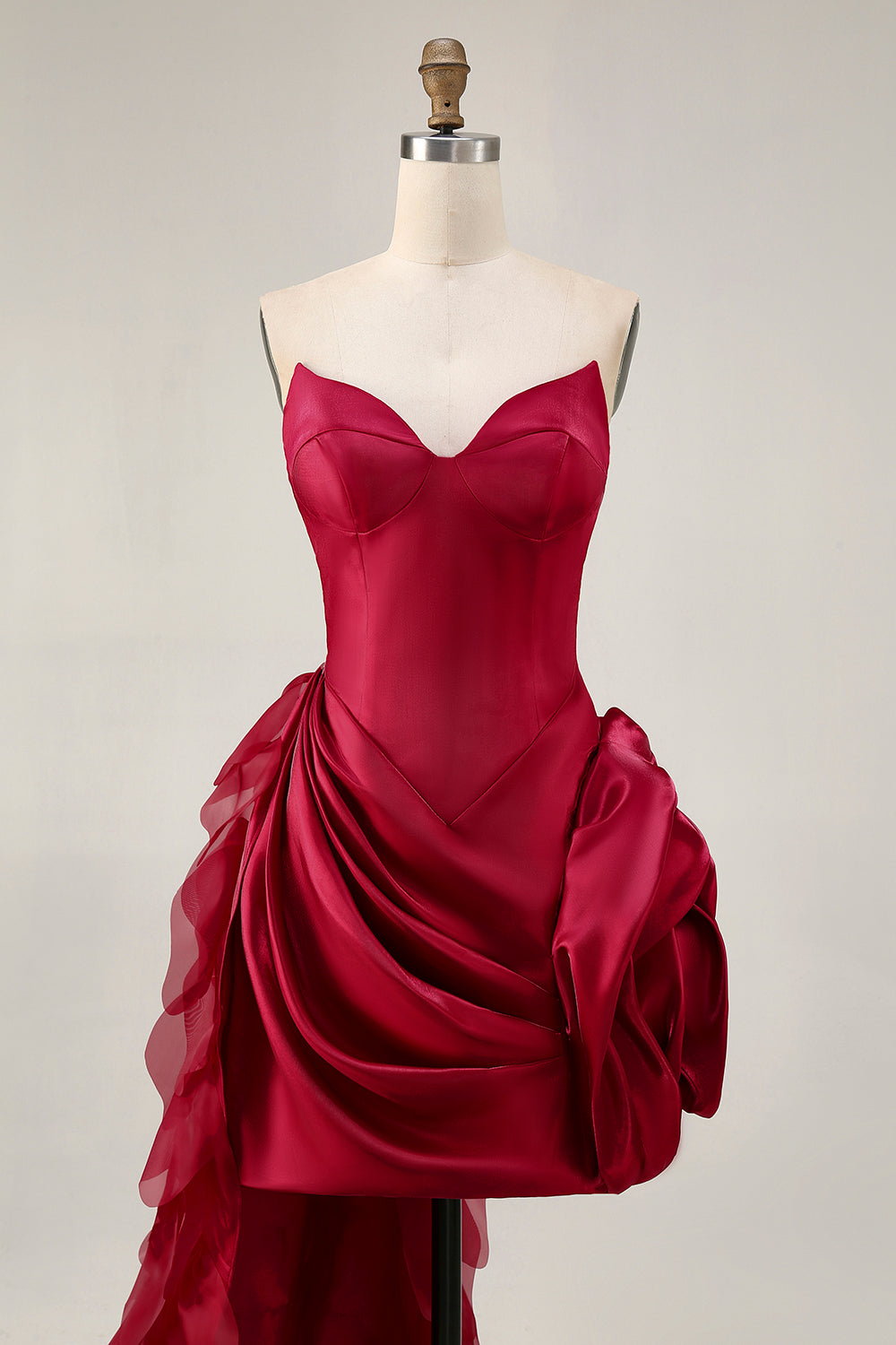 Burgundy Ruffled 3D Flower Strapless Homecoming Dress with Train