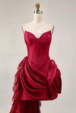 Burgundy Ruffled 3D Flower Strapless Homecoming Dress with Train