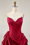 Burgundy Ruffled 3D Flower Strapless Homecoming Dress with Train