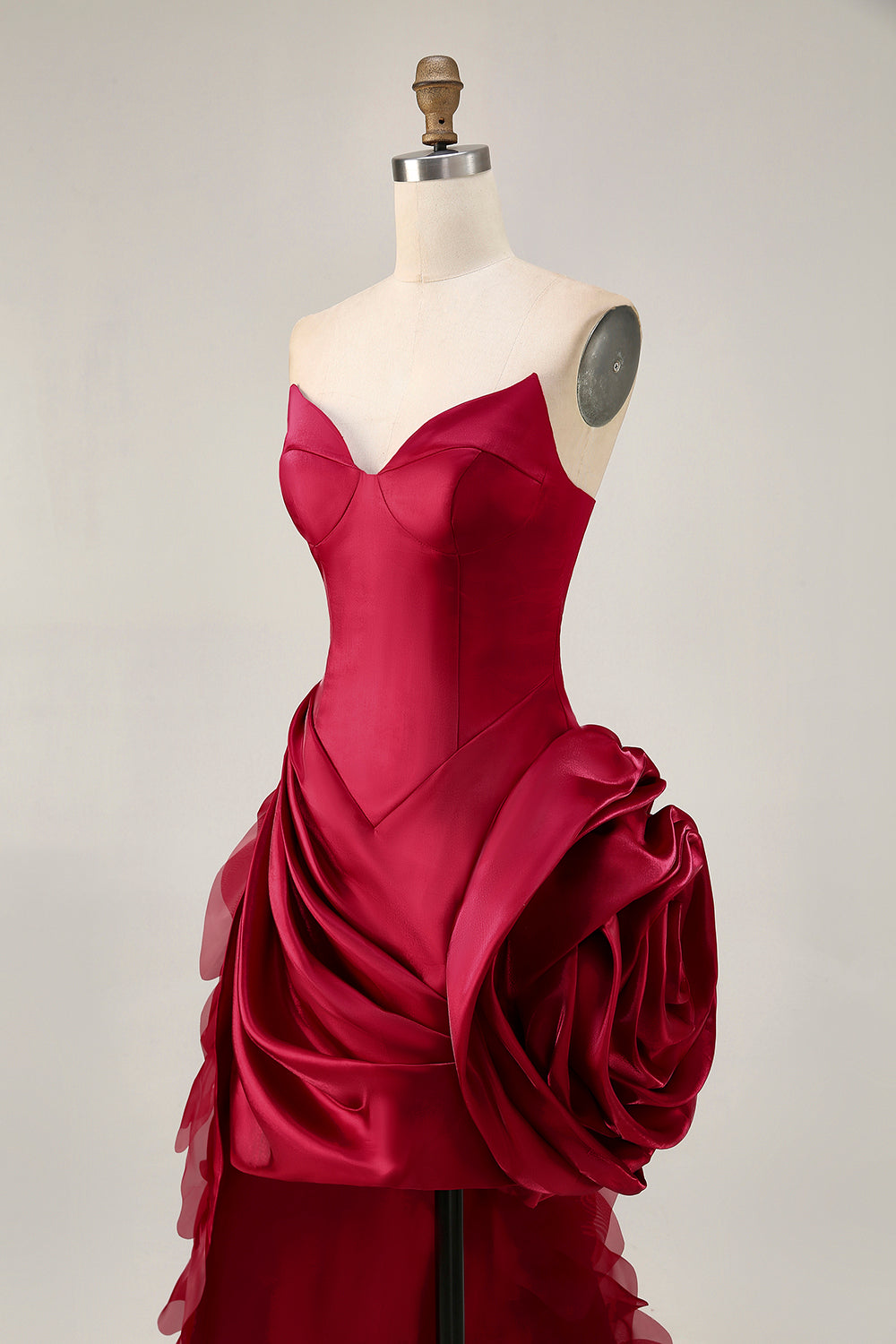 Burgundy Ruffled 3D Flower Strapless Homecoming Dress with Train