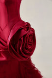 Burgundy Ruffled 3D Flower Strapless Homecoming Dress with Train