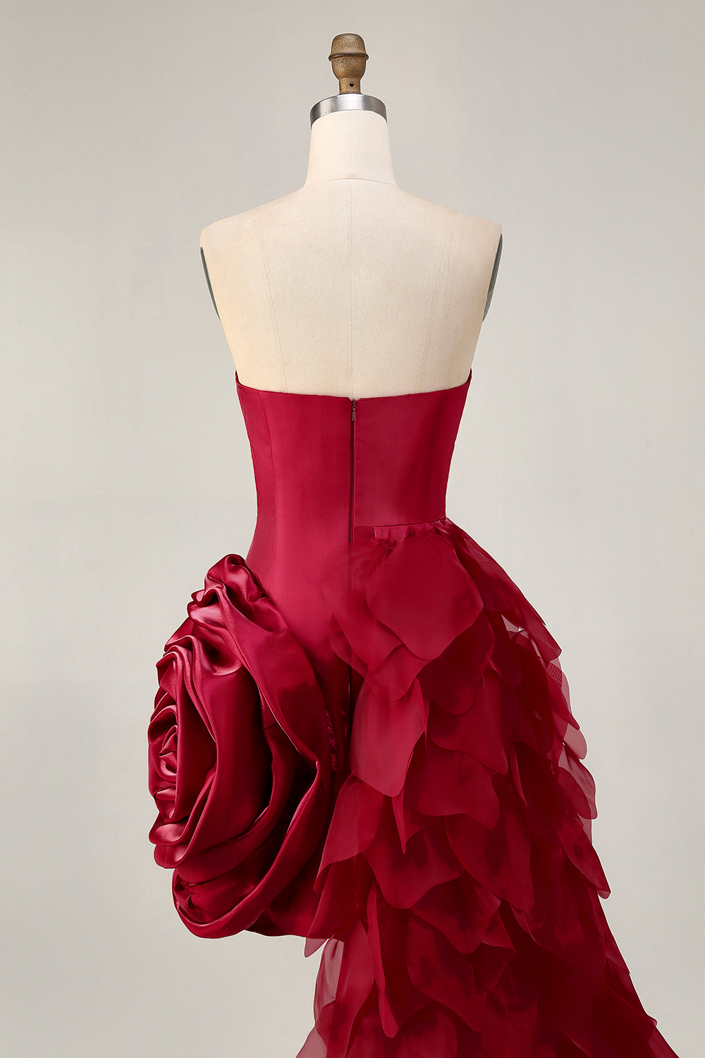 Burgundy Ruffled 3D Flower Strapless Homecoming Dress with Train
