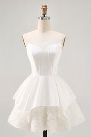 Satin Strapless Corset Rosette A Line White Homecoming Dress