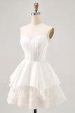 Satin Strapless Corset Rosette A Line White Homecoming Dress