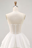 Satin Strapless Corset Rosette A Line White Homecoming Dress