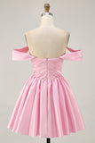 Pink A Line Ruched Off The Shoulder Homecoming Dress