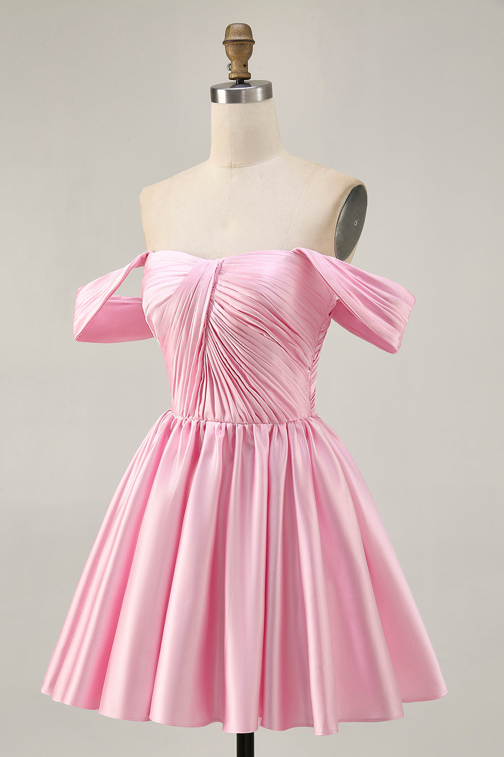 Pink A Line Ruched Off The Shoulder Homecoming Dress