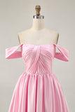 Pink A Line Ruched Off The Shoulder Homecoming Dress