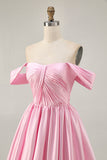 Pink A Line Ruched Off The Shoulder Homecoming Dress