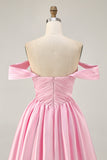 Pink A Line Ruched Off The Shoulder Homecoming Dress