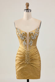 Strapless Golden Bodycon Homecoming Dress With Appliques