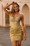 Golden Bodycon Strapless Homecoming Dress With Appliques