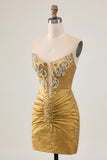 Strapless Golden Bodycon Homecoming Dress With Appliques