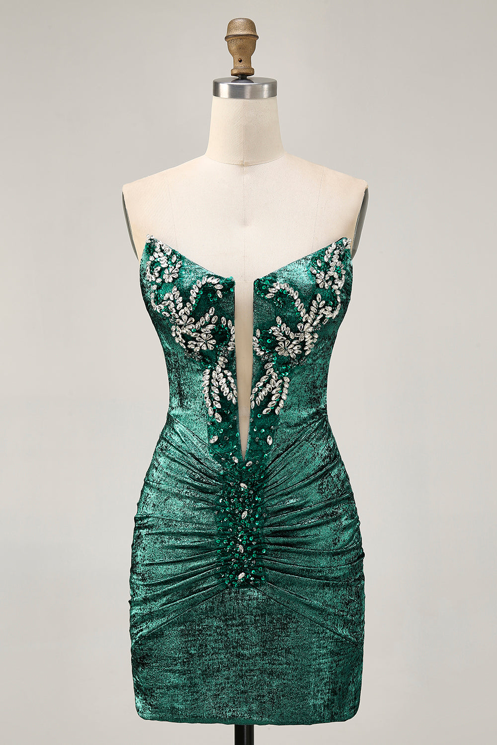 Green Strapless Ruched Bodycon Homecoming Dress with Rhinestones