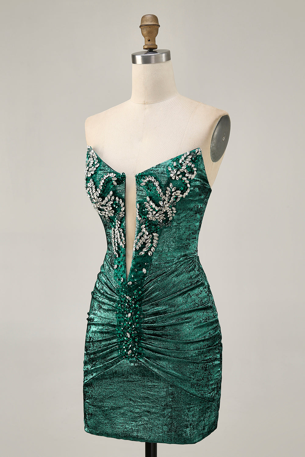 Green Strapless Ruched Bodycon Homecoming Dress with Rhinestones