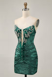 Green Strapless Ruched Bodycon Homecoming Dress with Rhinestones