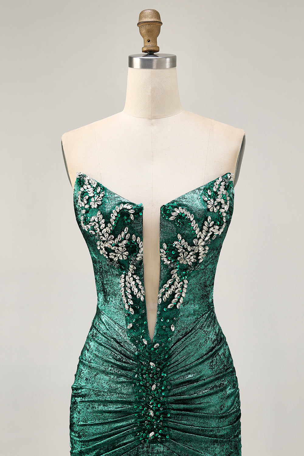 Green Strapless Ruched Bodycon Homecoming Dress with Rhinestones