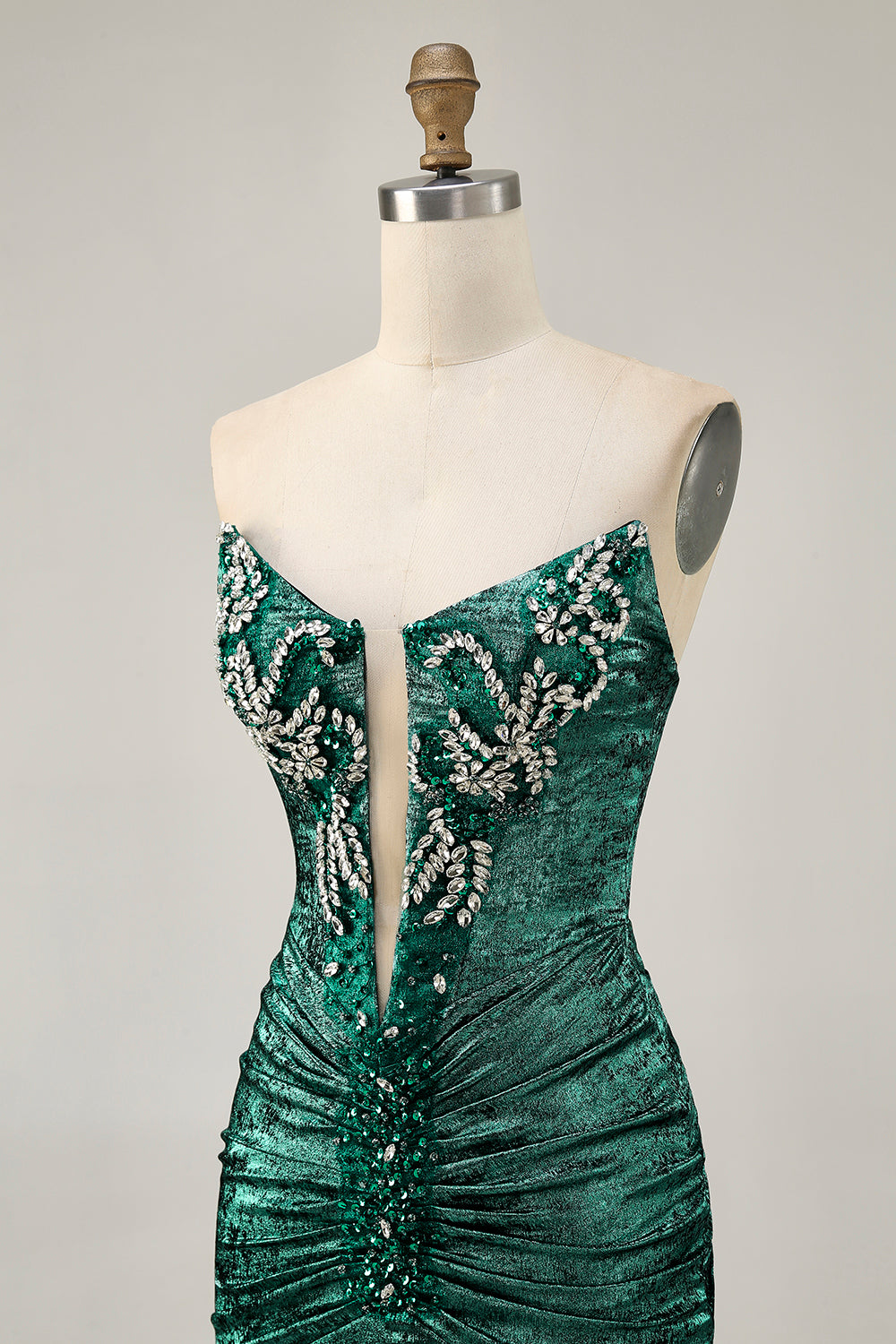 Green Strapless Ruched Bodycon Homecoming Dress with Rhinestones