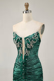 Green Strapless Ruched Bodycon Homecoming Dress with Rhinestones