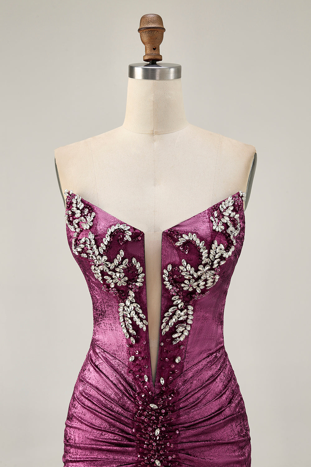 Wine Strapless Ruched Bodycon Homecoming Dress with Rhinestones