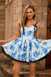 White Blue Flower Corset A-Line Homecoming Dress with Bow