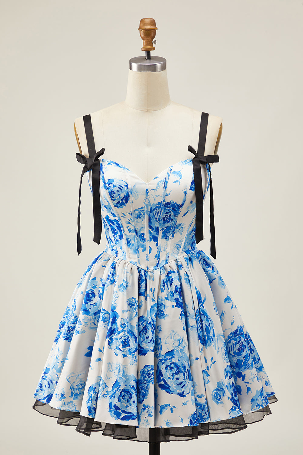 A-Line White Blue Flower Corset Homecoming Dress With Bow